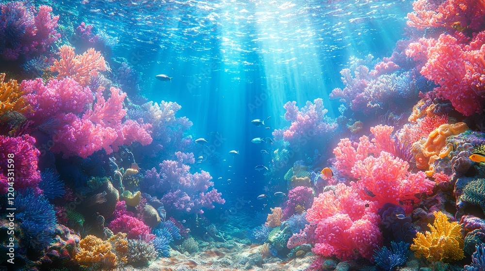 Fototapeta premium An underwater paradise ablaze with bioluminescent plants and creatures, enchanting with digital marine beauty
