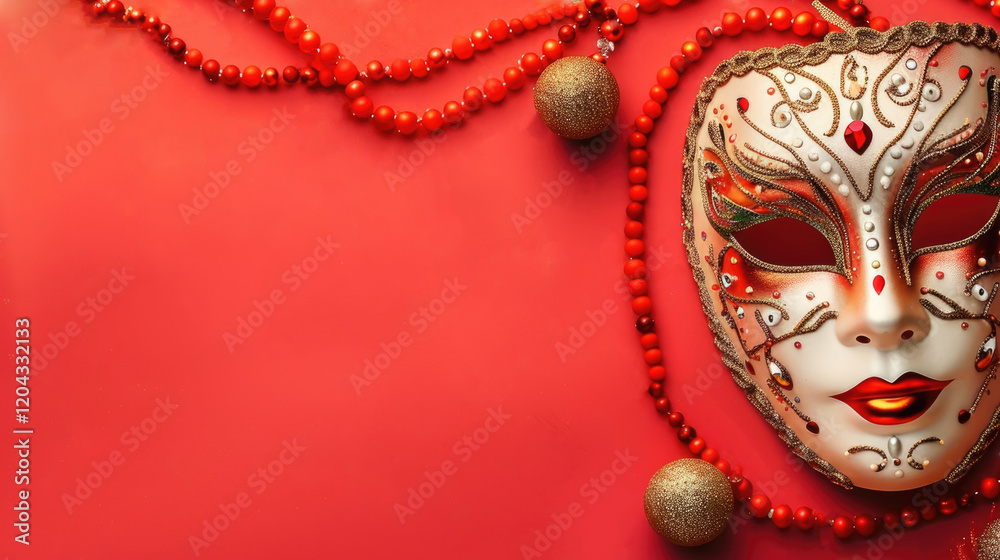 horizontal banner, Mardi Gras, silver carnival mask decorated with colorful beads and diamond crystals, red background, minimalism, copy space, free space for text horizontal banner, Mardi Gras, silver carnival mask decorated with colorful beads and diamond crystals, red background, minimalism, copy space, free space for text