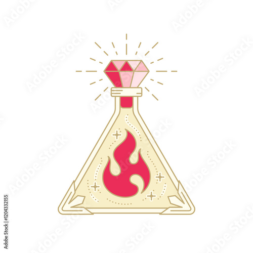 Magic flame enclosed in a triangle-shaped flask with a sparkling ruby on top. Fire magic. Alchemical element. Witch potion.