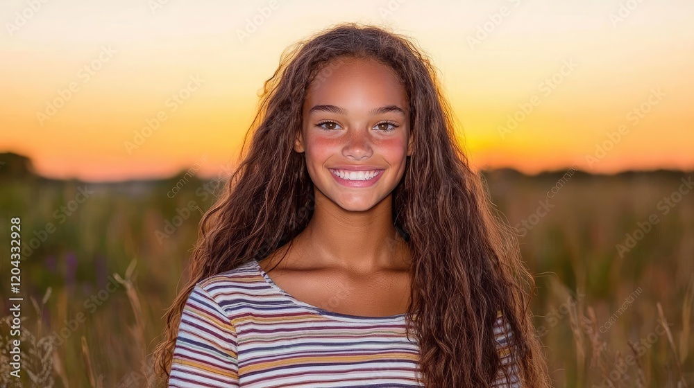 Fototapeta premium Happy teenage girl with long wavy hair smiling in a grassy field during a warm golden hour sunset.