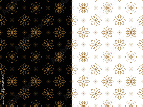 Elegant floral patterns with gold outlines on contrasting black and white backgrounds.
