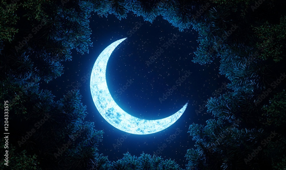 Fototapeta premium Crescent Moon and Stars Over Deep Blue Night Sky, a serene celestial scene with a luminous crescent moon amidst twinkling stars in a dark expanse.