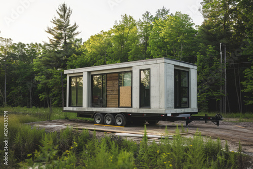 Modern Minimalist Concrete Tiny Home Under Construction in Rural Meadow with Mountain Landscape and Natural Setting