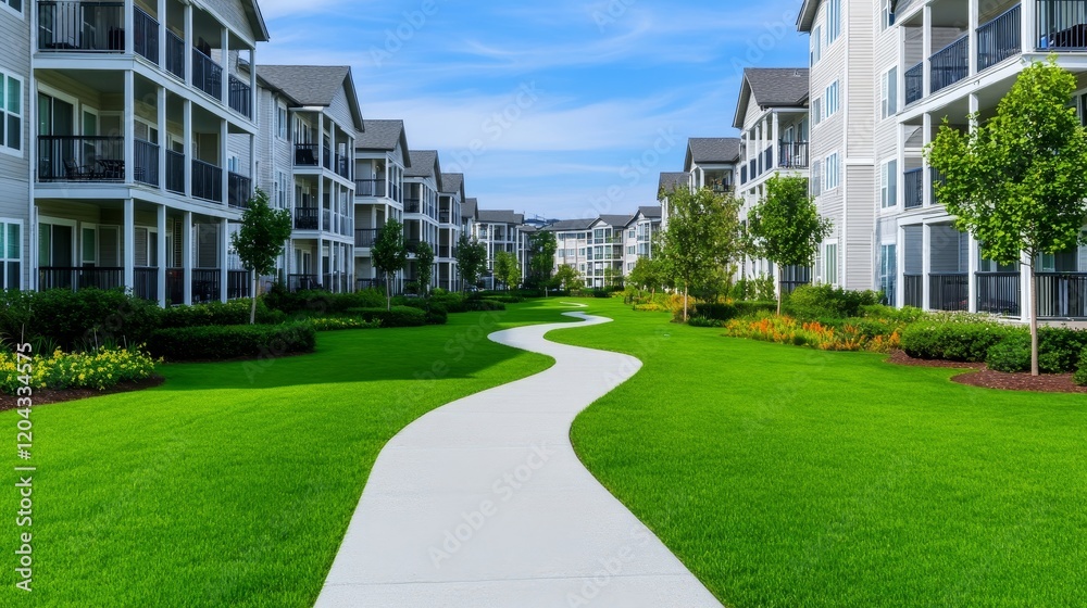 Apartment Complex Pathway - Winding walkway through a lush green lawn, between two rows of modern apartment buildings under a bright blue sky. Apartment Complex Pathway - Winding walkway through a lush green lawn, between two rows of modern apartment buildings under a bright blue sky.
