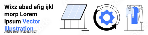 Solar panel generating power, rotating gear symbolizing efficiency, and organized wardrobe. Ideal for sustainability, renewable energy, efficient systems, green living, clean technology