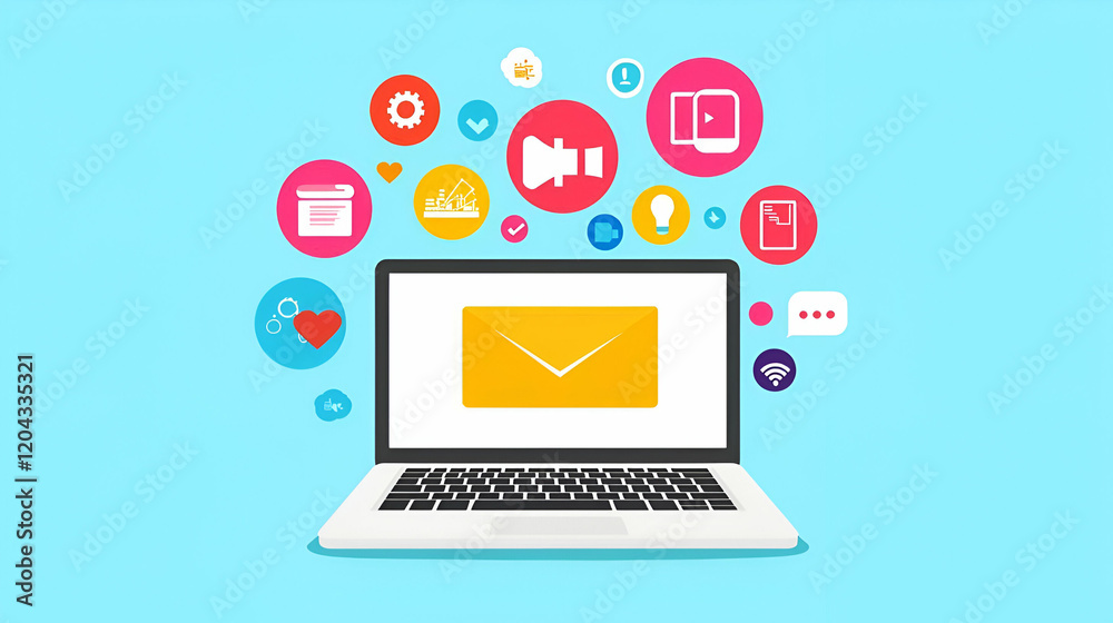 Digital Workspace, a laptop screen displaying vibrant ERP icons, showcasing technology integration in modern business environments. Digital Workspace, a laptop screen displaying vibrant ERP icons, showcasing technology integration in modern business environments.