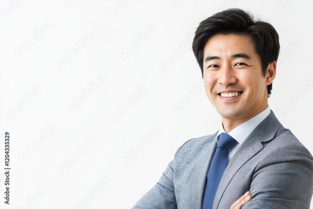 A young, handsome and friendly man of Asian appearance, in a gray jacket and white shirt, with a smile on his face, happy and confident, on a white background. With a place for the text A young, handsome and friendly man of Asian appearance, in a gray jacket and white shirt, with a smile on his face, happy and confident, on a white background. With a place for the text