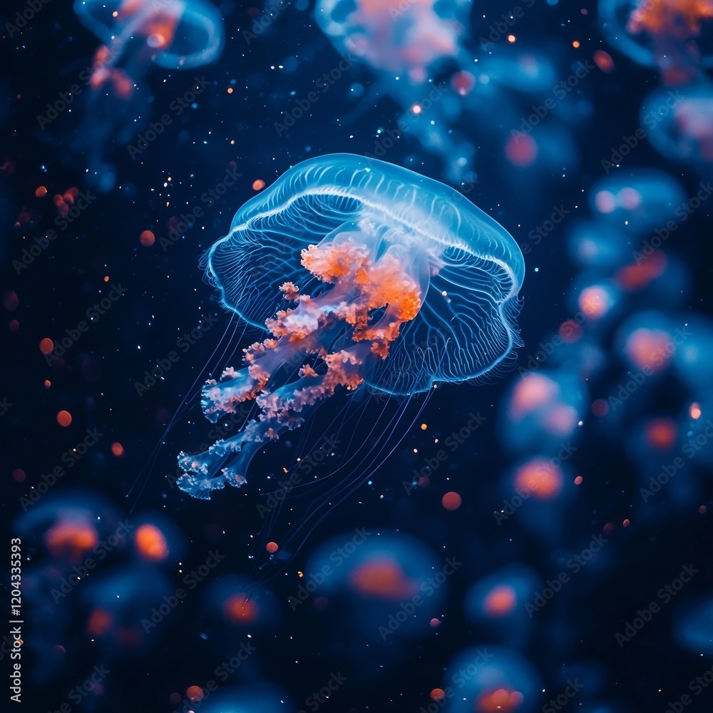 Obraz premium Serene underwater scenery features ethereal jellyfish glowing in the dark blue ocean