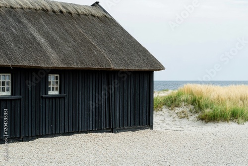 A charming black wooden cottage stands gracefully by a sandy beach, nestled under a cloudy sky, surrounded by grassy dunes and gently rolling ocean waves in the distance photo