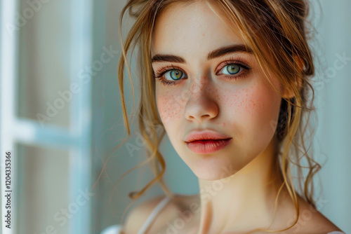 Youthful Beauty with Clean, Fresh Skin. Portrait of a young woman with glowing, flawless complexion. photo