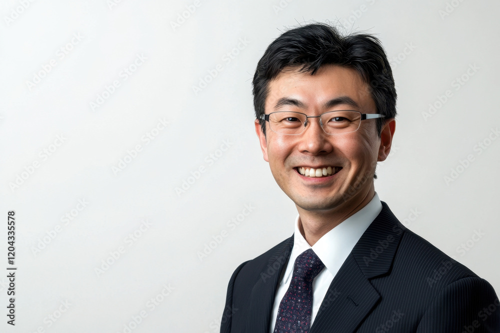 Young, handsome and friendly man of Asian appearance, in black jacket, white shirt and glasses, with a smile on his face, happy and confident, on a white background. With space for text Young, handsome and friendly man of Asian appearance, in black jacket, white shirt and glasses, with a smile on his face, happy and confident, on a white background. With space for text