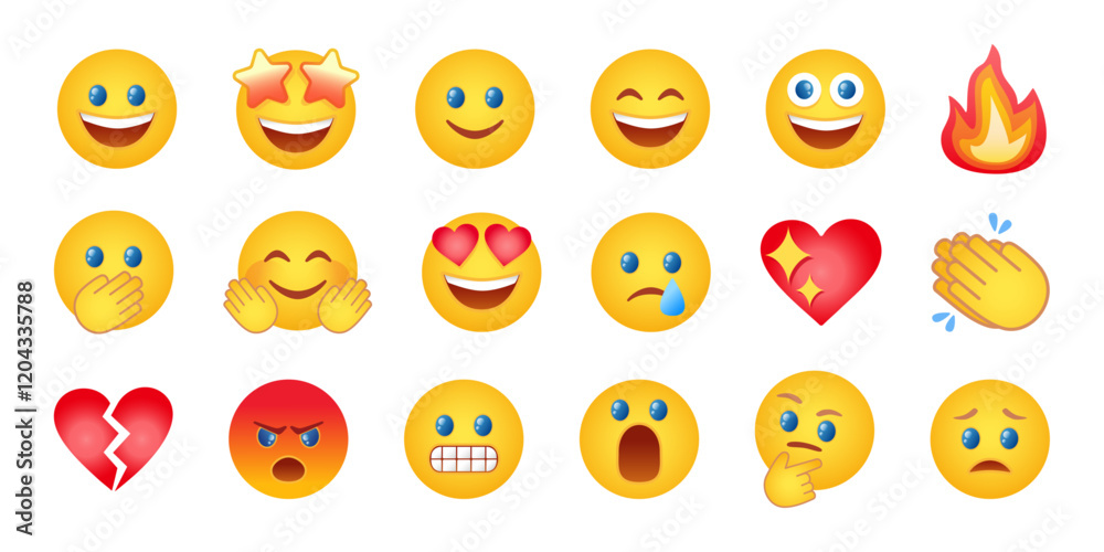Emoticon icon set. Collection of cute social media emoticons vector with smiling, caring, sad, crying, angry, surprised faces, smiling face with heart and star eyes. Editable stroke. Emoticon icon set. Collection of cute social media emoticons vector with smiling, caring, sad, crying, angry, surprised faces, smiling face with heart and star eyes. Editable stroke.