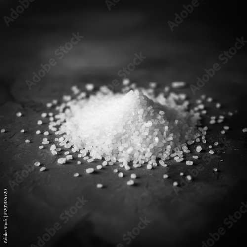 White powder substance, scattered granules, textured surface, high contrast, macro photography, overhead view, minimalist composition, pharmaceutical aesthetic, fine detail, grainy texture, scientific