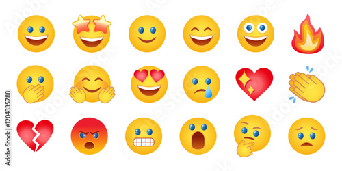 Emoticon icon set. Collection of cute social media emoticons vector with smiling, caring, sad, crying, angry, surprised faces, smiling face with heart and star eyes. Editable stroke.