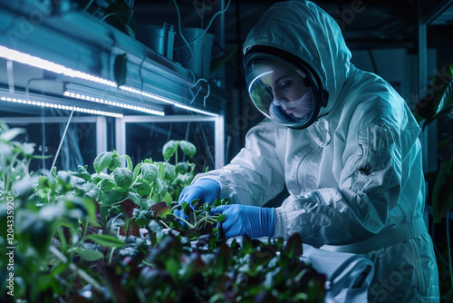 Astronaut Scientist Working with Hydroponic Plant Experiments in Lunar Space Station Laboratory Module photo