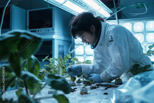 Fototapeta Naklejka Na Ścianę i Meble -  Astronaut Scientist Working with Hydroponic Plant Experiments in Lunar Space Station Laboratory Module
