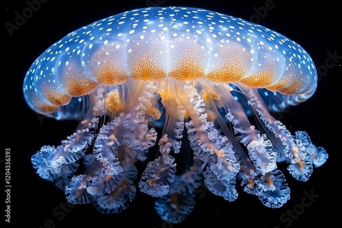Jellyfish with a neon glow light effect at the Singapore aquarium photo