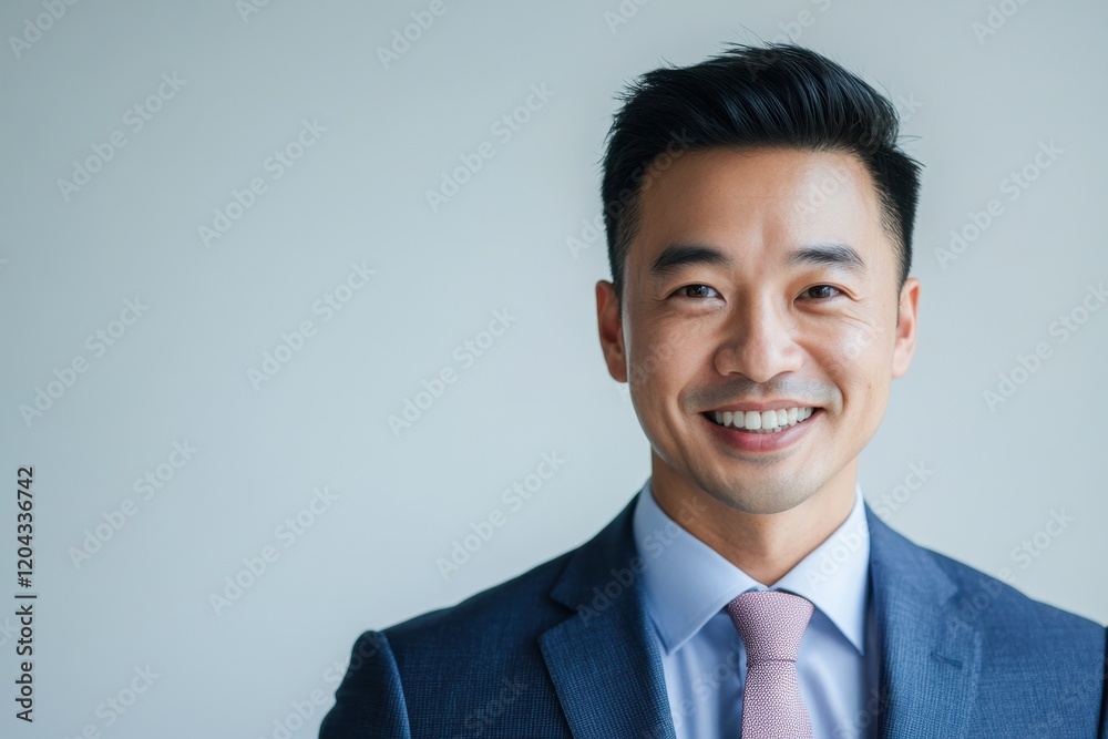 A young, handsome and friendly man of Asian appearance, in a blue jacket and white shirt, with a smile on his face, happy and confident, on a white background. With space for text A young, handsome and friendly man of Asian appearance, in a blue jacket and white shirt, with a smile on his face, happy and confident, on a white background. With space for text
