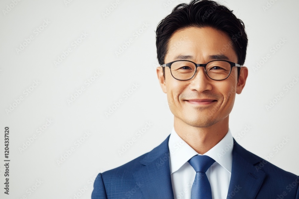 A young, handsome and friendly man of Asian appearance, in a blue jacket, white shirt and glasses, with a smile on his face, happy and confident, on a white background. With space for text A young, handsome and friendly man of Asian appearance, in a blue jacket, white shirt and glasses, with a smile on his face, happy and confident, on a white background. With space for text