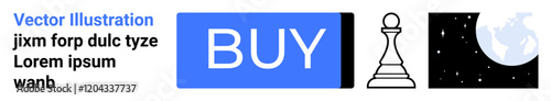 Blue Buy button, chess pawn, crescent moon with stars, and placeholder text in blue, black, and white. Ideal for online shopping, e-commerce, gaming, strategy, astronomy, design elements, digital