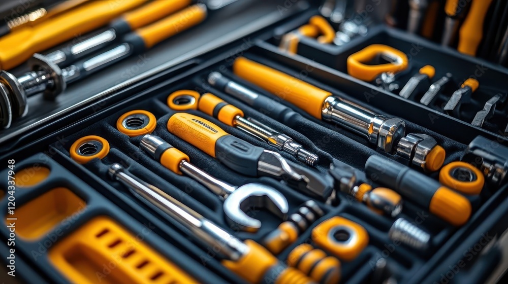 Toolbox with tools, close-up of open toolbox with neatly arranged tools, vibrant and organized Toolbox with tools, close-up of open toolbox with neatly arranged tools, vibrant and organized