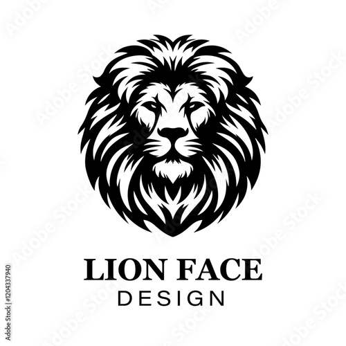 Fierce black and white lion head logo design with bold stylized mane, modern animal vector illustration for branding and graphic art projects.
 photo