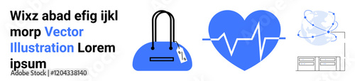 Shopping bag with tag, heartbeat icon within blue heart, atomic model, and website layout sketch. Ideal for retail, healthcare, science, web design e-commerce education marketing. Landing page