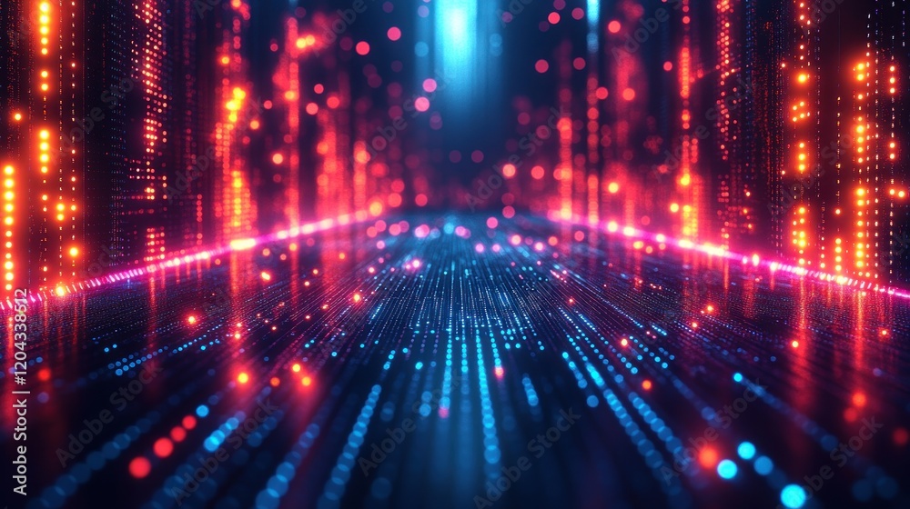 Futuristic digital corridor with glowing lights and data streams, creating a vibrant sci-fi atmosphere Futuristic digital corridor with glowing lights and data streams, creating a vibrant sci-fi atmosphere