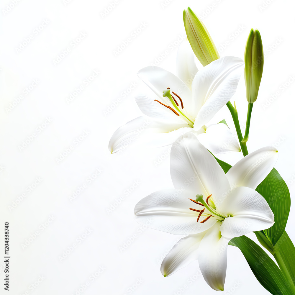 Elegant white lilies in bloom, symbolizing purity and beauty, perfect for nature-themed designs and floral decorations. Elegant white lilies in bloom, symbolizing purity and beauty, perfect for nature-themed designs and floral decorations.