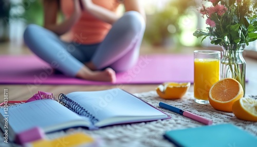 Wallpaper Mural Woman meditating, notebook, pen, orange juice, and fruit on floor. Torontodigital.ca