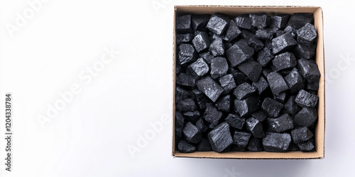 Charcoal pieces in a cardboard box ready for grilling photo