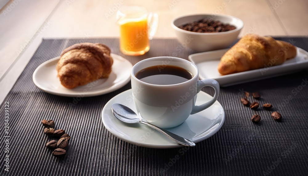 Cup of coffee and croissant in the table Cup of coffee and croissant in the table