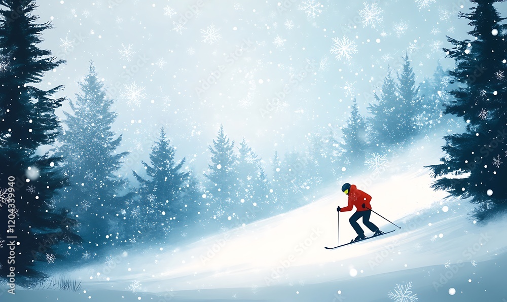 Skier glides down snowy mountain slope amidst a winter wonderland of snow-covered pine trees. Skier glides down snowy mountain slope amidst a winter wonderland of snow-covered pine trees.