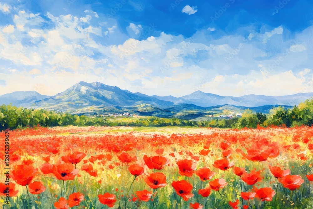 Vibrant poppy field under a bright blue sky with mountains in the background during sunny daylight. Generative AI Vibrant poppy field under a bright blue sky with mountains in the background during sunny daylight. Generative AI