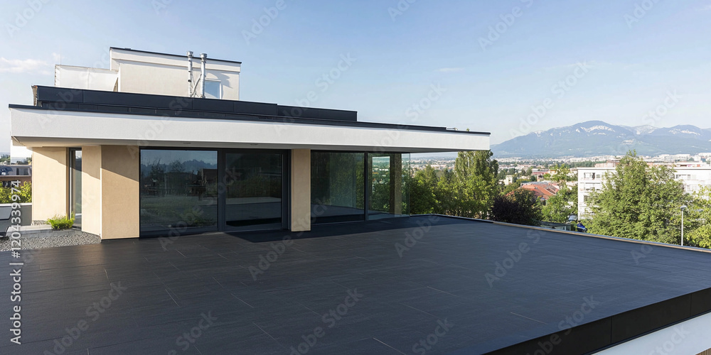Modern rooftop terrace with stunning mountain views Modern rooftop terrace with stunning mountain views
