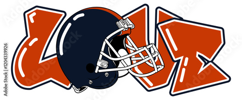 love - Navy blue and orange football player helmet, sport vector graphics, hockey, for street art - graffiti lettering typography - art illustration - multicolor - writen	