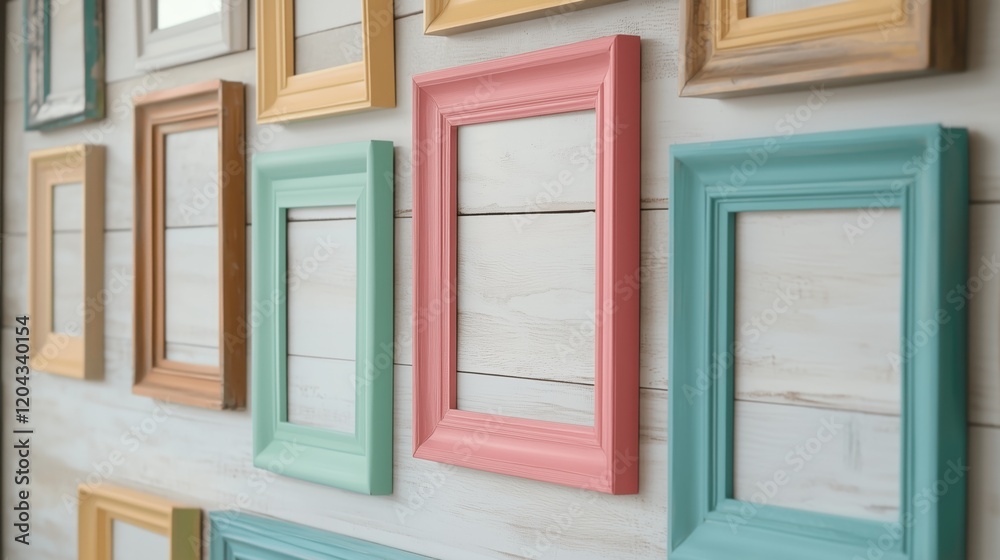 Colorful empty picture frames on wooden wall in various designs and sizes Colorful empty picture frames on wooden wall in various designs and sizes