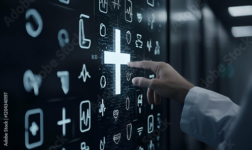 Digital Connection, A hand interacts with a glowing digital cross, symbolizing the intersection of faith and technology in a modern world.