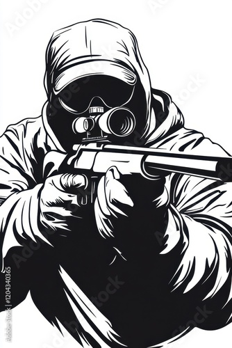 Monochrome illustration of a sniper aiming with precision	