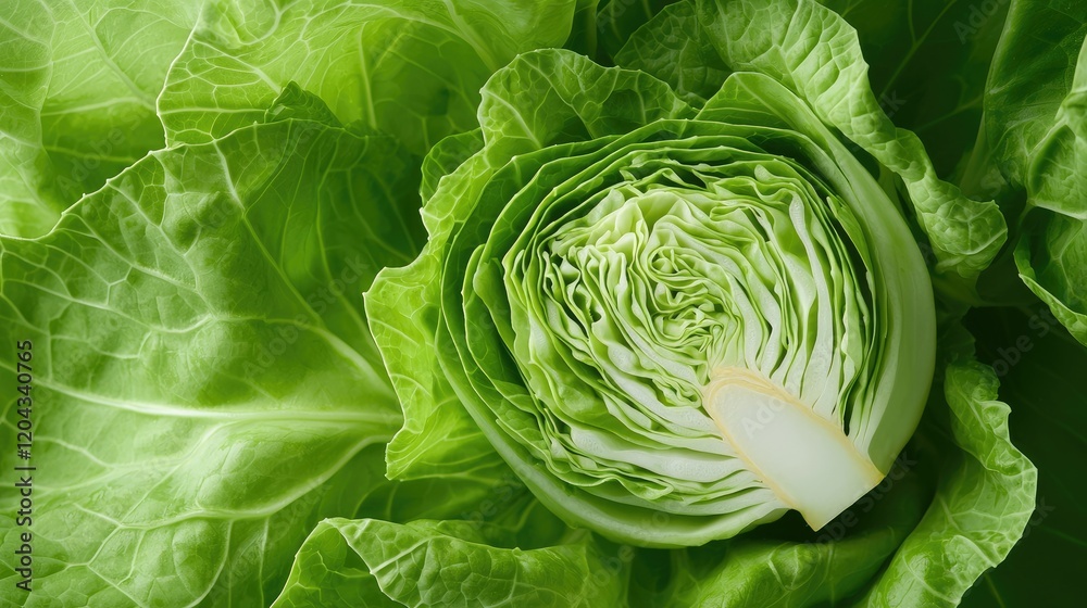 Obraz premium Close-up of a halved green cabbage, showcasing its fresh, crisp leaves and vibrant color.