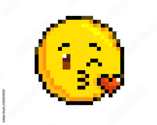 8 bits pixel art yellow winking face icon with puckered lips blowing kiss heart
