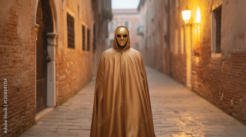 Naklejka premium Masked figure in golden cloak walking down an empty historic alley at dusk