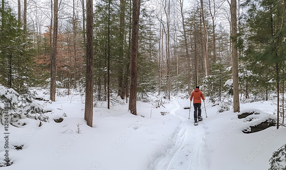 Snowshoer on a snowy trail in a winter forest. Snowshoer on a snowy trail in a winter forest.