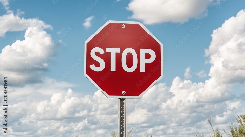 Red stop sign against cloudy blue sky in rural landscape Red stop sign against cloudy blue sky in rural landscape