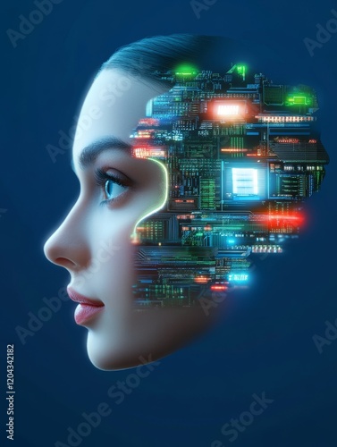 Futuristic Reflection: Young Woman in a Cyber World - A young woman's face merges with a futuristic circuit board, symbolizing technology, AI, the future, digital transformation, and human evolution.