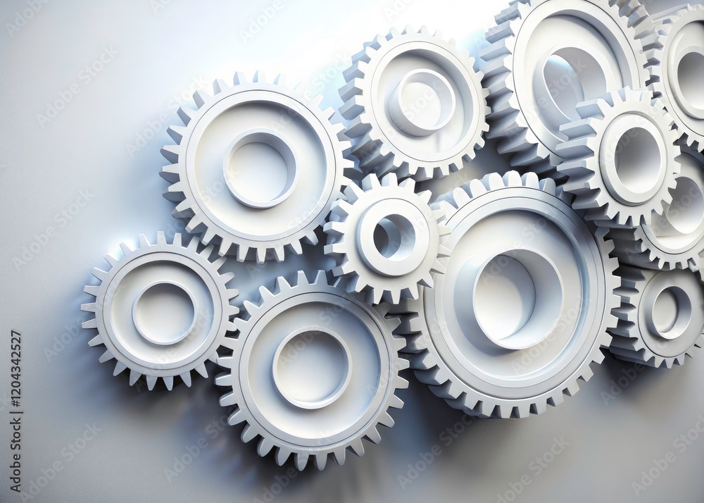 Precise white cogs and gears, a smoothly rotating mechanical marvel, exemplify industrial design and technological prowess on a white background. Precise white cogs and gears, a smoothly rotating mechanical marvel, exemplify industrial design and technological prowess on a white background.
