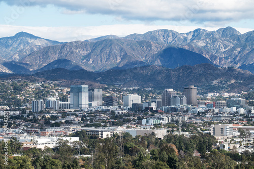 Downtown Glendale and the San Gabriel Mountains near Los Angeles and Burbank California.