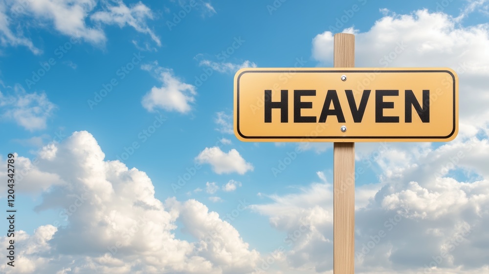 Yellow heaven signpost against blue sky with fluffy white clouds Yellow heaven signpost against blue sky with fluffy white clouds