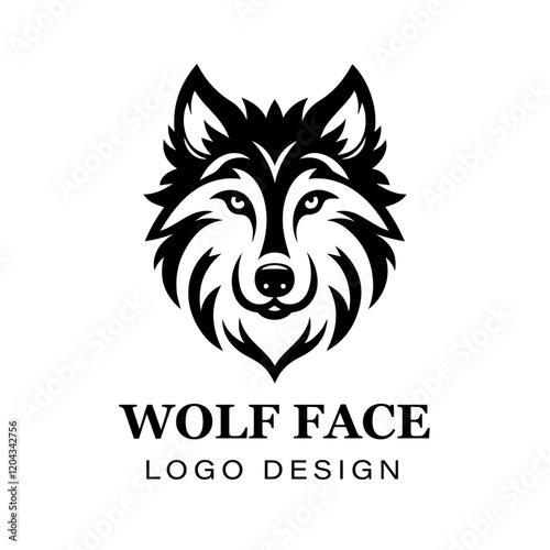 Black and white stylized wolf head logo design featuring sharp lines, bold symmetry, modern animal vector artwork for branding and creative graphic projects.
