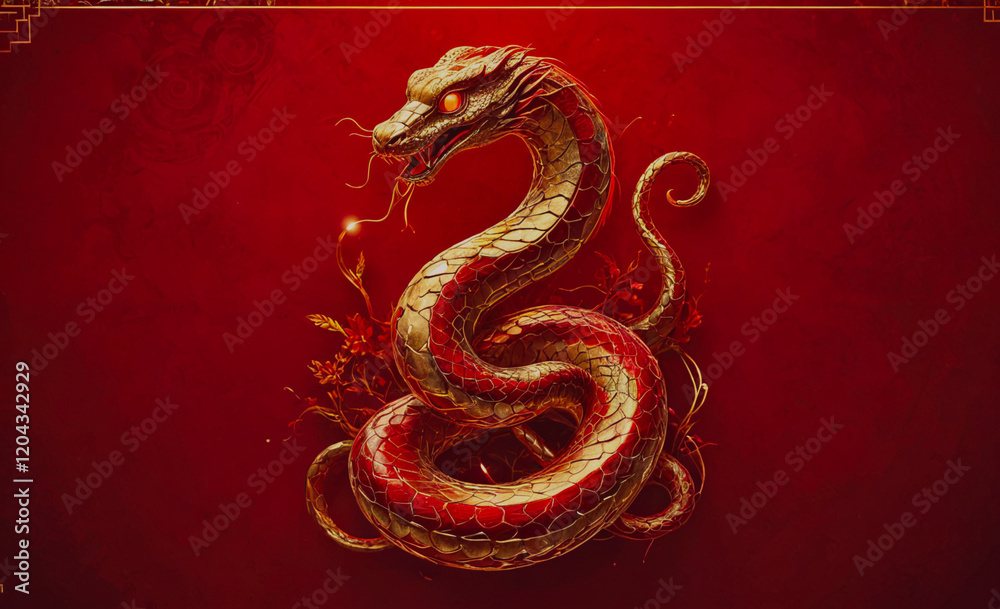 Red snake with gold scales and a glowing eye. The snake is curled up and he is sleeping Red snake with gold scales and a glowing eye. The snake is curled up and he is sleeping